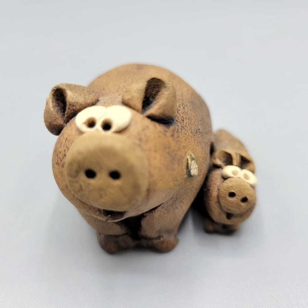 Vintage Handcrafted Clay Pig And Piglet Figurine By Clay Companions 1.5